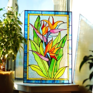 Stained glass panel Bird of paradise Large stained glass Stained glass window hangings Flower Stained glass suncatcher Stained glass decor