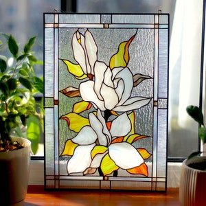 Stained glass panel White magnolia Stain glass window hangings Stained glass suncatchers Large stain glass Custom stain glass White flowers