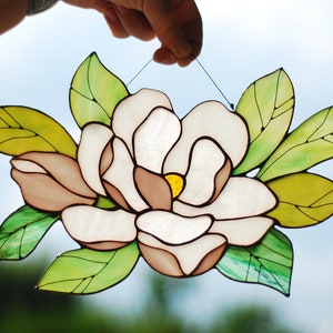 Stained glass magnolia Handmade stained glass panel Custom flower sun catcher Botanical window glass art Window hanging Christmas gift