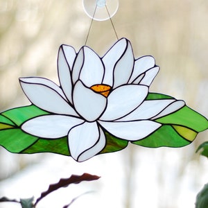 Stained glass panel lotus White flower glass art Waterlily window handing home accessory Custom suncatcher House decor Christmas gift image 1