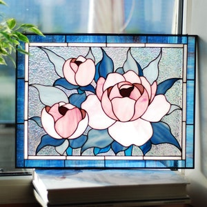 Stained glass panel peony Mothers day gifts Stained glass window hanging Pink peony flower Stained glass suncatcher Stained glass decor