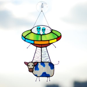 Stained glass UFO Abduction a cow Stained glass window hangings Stained glass suncatchers Stained glass decor Funny gift Form Ukraine image 3