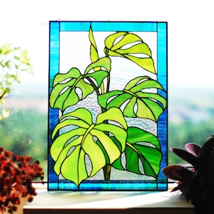 Monstera leaves Stained glass panel Stained glass window hangings Stained glass suncatchers Stain glass decor Custom stain glass Home decor