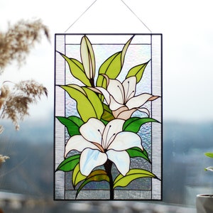 Stained glass white lilies flowers Mothers day gifts Stained glass window hanging Stained glass suncatcher Stain glass decor home decoration