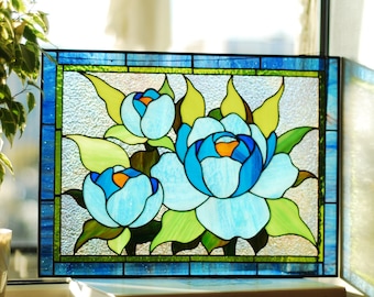 Peony Stained glass panel Mothers day gifts Stained glass window hangings Blue peony flower Stained glass suncatcher Stained glass decor