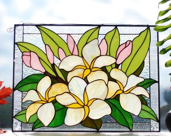 Plumeria Stained Glass Panel: Frangipani Suncatcher, 11.5