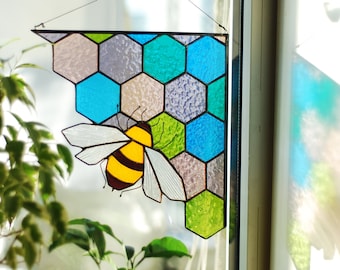 Stained glass honeycomb Multicolor corner honeycomb Bee Suncatcher Stained glass panel Custom stained glass Stained glass window hanging