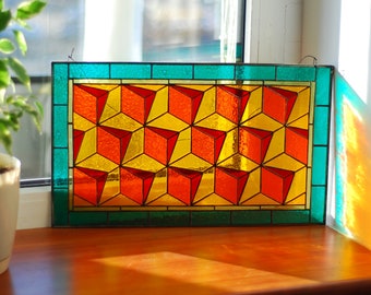 Geometrisches Buntglas, Buntglas-Panel, Buntglas-Sonnenfänger, Buntglas-Dekor, Buntglas-Fensterbehänge, großes Buntglas