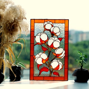 Stained glass panel Orange cotton Stain glass window hangings Stained glass suncatchers Custom stain glass Large stained glass White flower