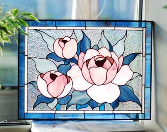 Stained glass panel peony Mothers day gifts Stained glass window hanging Pink peony flower Stained glass suncatcher Stained glass decor