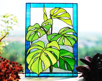 Monstera leaves Stained glass panel Stained glass window hangings Stained glass suncatchers Stain glass decor Custom stain glass Home decor