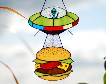 Stained glass UFO Hamburger Modern stained glass Stained glass window hanging Stained glass suncatcher Stained glass decor Home decor alien