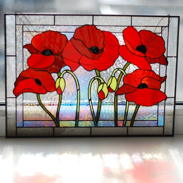 Stained glass panel poppies Stained glass window hangings Red poppy flower Stained glass suncatcher Custom stained glass Large stained glass