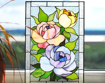 Handmade Peony Stained Glass Window Hanging, Floral Decor (11 × 16 in.)
