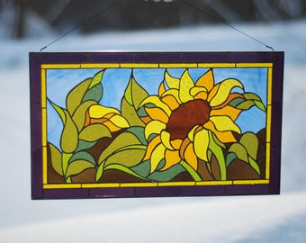 Stained glass panel Sunflower Stained glass window hangings Stained glass sun catchers Yellow flower Stained glass decor Large stained glass