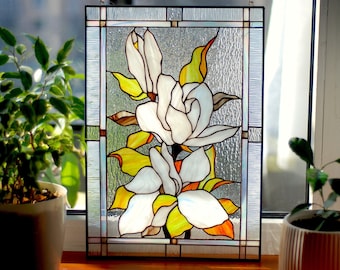 Stained glass panel White magnolia Stain glass window hangings Stained glass suncatchers Large stain glass Custom stain glass White flowers