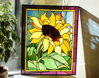 Panel de vidrieras Girasol amarillo Vidrieras colgantes Flor grande Vidrieras suncatchers Decoración del hogar Vidrieras personalizadas