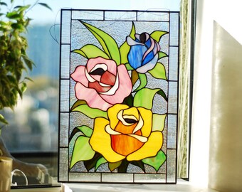 Stained glass panel multi-colored roses Tiffany stained glass flower panel Mothers day gifts Multicolored roses window hangings suncatcher