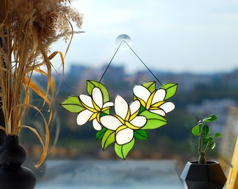 Stained glass white Plumeria panel Window hanging flower Botanical suncatcher Custom window decor Handmade plant glass art Christmas gift