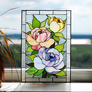 Stained glass peony Stained glass window hangings Colorful flower sun catchers Custom stained glass Large glass panel Kitchen cabinets decor