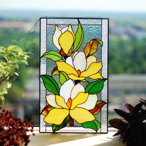 Yellow magnolia stained glass panel Mothers day gifts Custom stained glass panel Yellow flowers window hangings Stained glass suncatchers