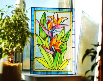 Stained glass panel Bird of paradise Large stained glass Stained glass window hangings Flower Stained glass suncatcher Stained glass decor