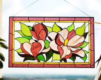 Stained glass panel Magnolia Mothers day gifts Magnolia flower Stained glass window hangings Stained glass suncatcher Stained glass decor