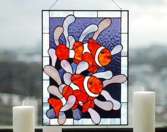 Clown fish Stained glass window panel Large stained glass Stained glass window hanging Stained glass suncatcher Seascape stained glass decor