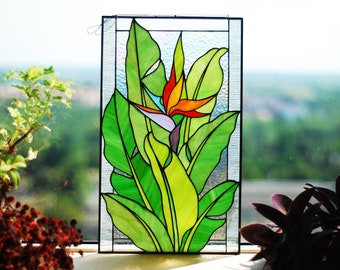 Stained glass panel Bird of paradise Christmas gifts Stained glass window hanging Flower Stained glass suncatcher Custom stained glass