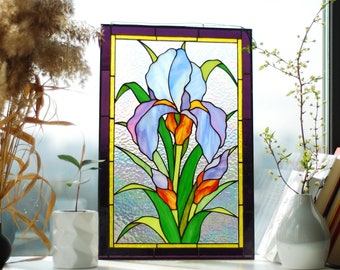 Purple iris flowers Stained glass panel Stained glass window hanging Stained glass suncatcher Large stained glass panel Christmas gifts