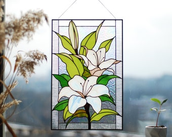 Stained glass white lilies flowers Mothers day gifts Stained glass window hanging Stained glass suncatcher Stain glass decor home decoration