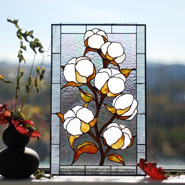 Stained glass panel Cotton Stained glass window hangings Stained glass suncatchers Custom stained glass Large stained glass White flowers