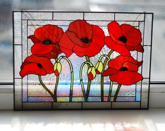 Stained glass panel poppies Stained glass window hangings Red poppy flower Stained glass suncatcher Custom stained glass Large stained glass