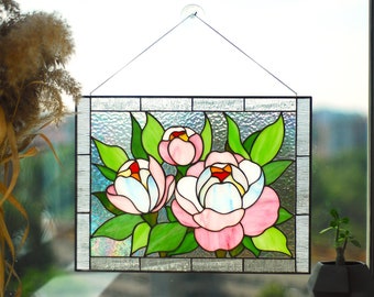 Stained glass panel Pink peonies flower Stained glass window hangings  Stained glass suncatchers Custom stained glass Large stained glass