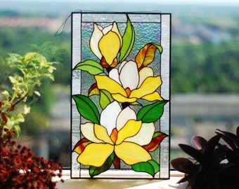 Yellow magnolia stained glass panel Mothers day gifts Custom stained glass panel Yellow flowers window hangings Stained glass suncatchers