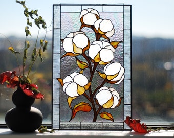 Stained glass panel Cotton Stained glass window hangings Stained glass suncatchers Custom stained glass Large stained glass White flowers