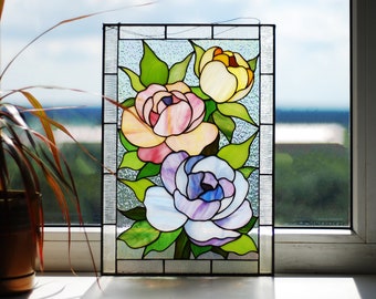 Stained glass peony Stained glass window hangings Colorful flower sun catchers Custom stained glass Large glass panel Kitchen cabinets decor