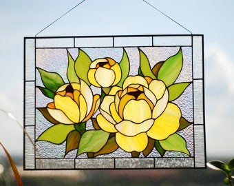 Stained glass panel Peony Mothers day gifts Stained glass window hanging Yellow peony flower Stained glass suncatcher Stained glass decor