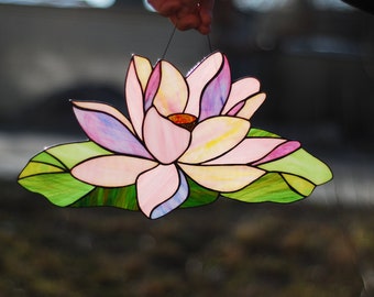 Custom Stained glass lotus Water Lilia Stained glass suncatcher Window hanging art Aesthetic room decor Christmas gift Home decoration