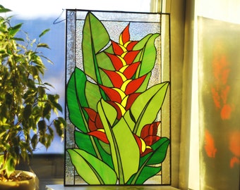 Stained glass panel Bird of paradise Christmas gifts Stained glass window hangings Red flowers Stained glass suncatcher Custom stain glass