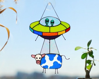 Stained glass UFO Abduction a cow  Stained glass window hangings Stained glass suncatchers Stained glass decor Funny gift Form Ukraine