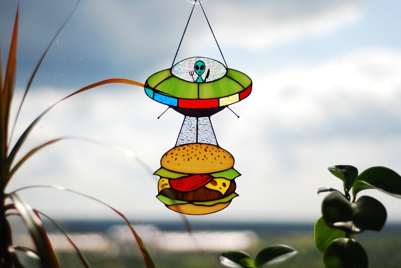 Stained Glass UFO Hamburger Window Panel Stained Glass Window Etsy