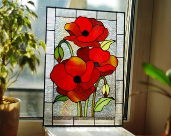 Stained Glass Panel Poppies Stained Glass Window Hanging Red Etsy Sweden