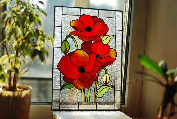 Stained Glass Panel Poppies Stained Glass Window Hanging Red - Etsy