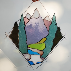 Mountain Stained Glass Window Hanging: Custom Home Decor