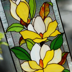 Yellow magnolia stained glass panel Mothers day gifts Custom stained glass panel Yellow flowers window hangings Stained glass suncatchers image 7