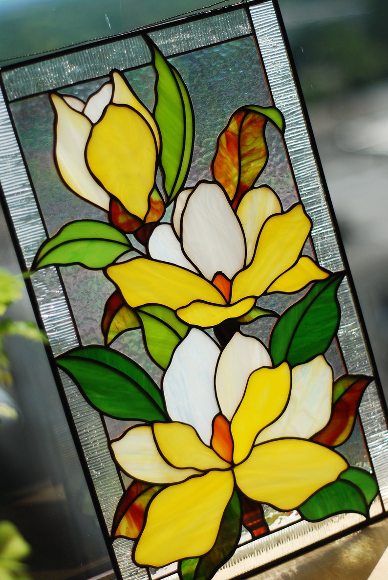 Yellow magnolia stained glass panel Mothers day gifts Custom stained glass panel Yellow flowers window hangings Stained glass suncatchers image 7