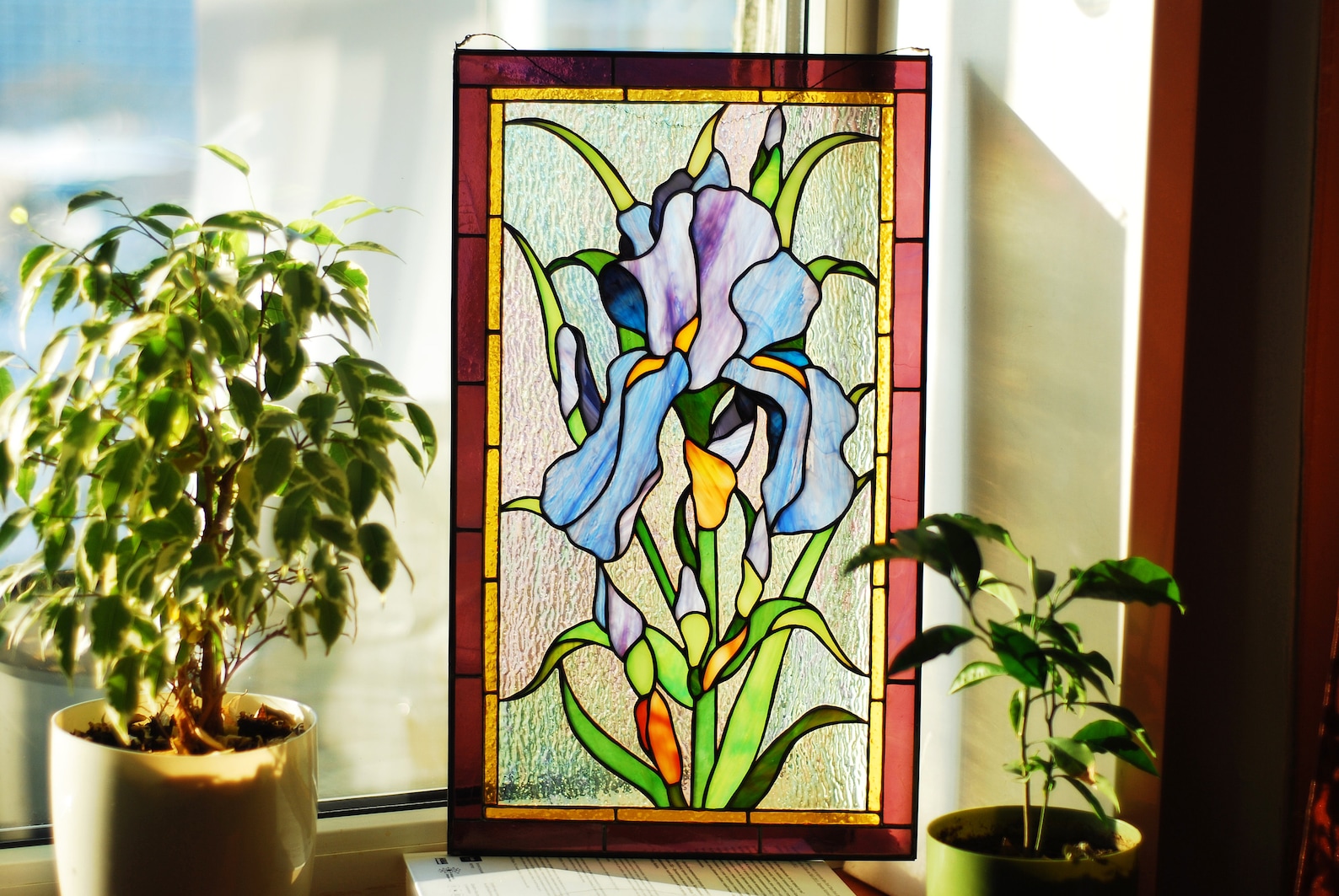 Purple iris Stained glass window panel Stained glass window Etsy