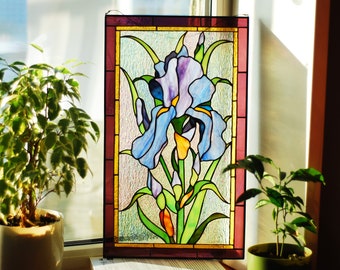 Purple iris Stained glass panel Stained glass window hangings Stained glass suncatchers Purple flower glass art Large stained glass