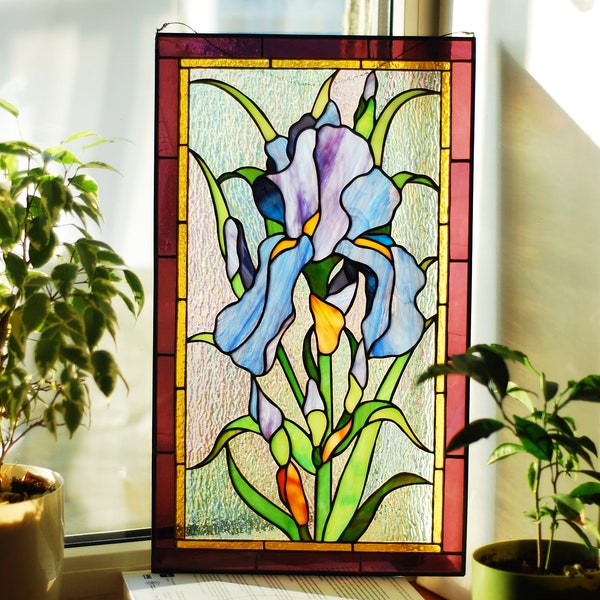 Purple iris Stained glass panel Stained glass window hangings Stained glass suncatchers Purple flower glass art Large stained glass